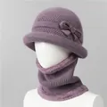 Detail of purple winter knit hat and scarf set with soft fleece lining and bow decoration - M / Hat And Neck Warmer / Taro