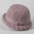 Close-up of lilac fleece winter bucket hat with a rhinestone encrusted golden M buckle - M(56-58cm) / Taro