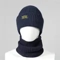 Detailed close-up of dark blue ribbed knit balaclava beanie and neck warmer set - One Size / Navy Blue Set