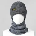 Detail of dark grey ribbed knit winter hat and neck warmer set with a vintage decorative patch - One Size / Dark Grey Set