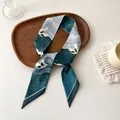 French style silk twilly scarf with crane pattern and elegant gold cursive lettering - Dark Green Crane Pattern (C-3)