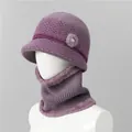 Detail of purple knitted hat and neck warmer with warm fleece lining and pearl floral decor - Hat And Neck Warmer / Taro
