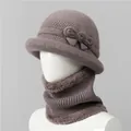 Close-up of women's knitted beanie and neck warmer set with warm plush lining - M / Hat And Neck Warmer / Khaki