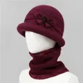 Detail of warm burgundy knitted hat and scarf set with soft fleece lining for elderly women - M / Hat And Neck Warmer / Burgundy