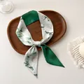French silk scarf headband with white rose and green leaf floral print on wooden tray - Green White Rose Print (D-4)