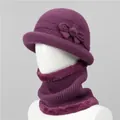 Detail of purple winter knit hat and neck warmer set with warm fleece lining - M / Hat And Neck Warmer / Mauve