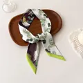 Elegant paisley and bird print skinny silk scarf in cream and purple for women - Beige Paisley Bird (A-1)