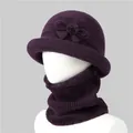 Detail of dark purple winter knitted hat and neck gaiter set with plush fleece lining - M / Hat And Neck Warmer / Purple