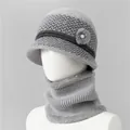 Close-up of winter knit hat with neck warmer set featuring gray faux fur lining and pearls - Hat And Neck Warmer / Gray