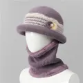 Close-up of purple knit hat and neck warmer set with pearl rhinestone flower detail - One Size Stretchy / Hat And Neck Warmer / Taro