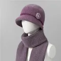 Detailed knit texture of purple winter hat and scarf set with faux fur pom and pearl button - Hats And Scarves / Taro