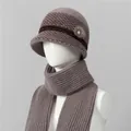 Detail of winter knit hat and scarf set for elderly women with houndstooth pattern - Hats And Scarves / Khaki