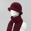 Close-up of wine red rabbit fur hat and scarf set with knit bow decoration for women - M / Hat And Scarf / Burgundy