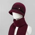 Detail of wine red knitted winter hat and scarf set with fur flower and pearl decoration - Hats And Scarves / Burgundy