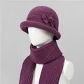 Close-up of deep purple knit hat and scarf set with bow detail for winter warmth - M / Hat And Scarf / Mauve