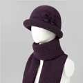 Detailed view of dark purple rabbit fur knit hat with bow ornament and matching scarf - M / Hat And Scarf / Purple