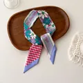 Smalle zijden sjaal met bloemen- en schaakbordpatroon en madeliefjes in groen en paars - Meerkleurig Patchwork Ontwerp (O-15)