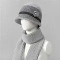 Detail of grey knitted hat and scarf set with flower decoration for senior women - Hats And Scarves / Gray