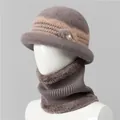 Detail of winter knit hat and neck warmer with plush lining and pearl decorations - One Size Stretchy / Hat And Neck Warmer / Khaki
