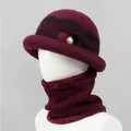 Detail of warm winter knit hat and neck warmer set with faux pearl accent for elderly women - One Size Stretchy / Hat And Neck Warmer / Burgundy