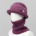 Detail of purple knitted hat with pearl decor and faux fur lined neck warmer set - One Size Stretchy / Hat And Neck Warmer / Mauve