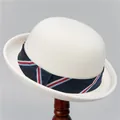 Detail view of a white wool felt bowler hat with a classic red, white, and blue striped band - M (56-58cm) / White