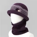 Close-up of purple winter knit hat and scarf set with fleece lining and faux pearl detail - One Size Stretchy / Hat And Neck Warmer / Purple