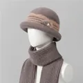 Detail of mauve winter knit hat and scarf set with fur pompom and pearl accents - One Size Stretchy / Hats And Scarves / Khaki