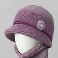 Lavender knitted winter hat and scarf set with floral accents for elderly women - Single Hat / Taro