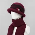 Close-up of wine red knit hat and scarf set with elegant pearl fur trim for winter - One Size Stretchy / Hats And Scarves / Burgundy