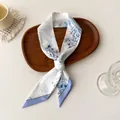 White silk skinny scarf with navy floral print and light blue border detail - White Dark Blue Botanical (G-7)