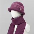 Detail of purple knit hat set for elderly women with flower pearls and thick scarf texture - One Size Stretchy / Hats And Scarves / Mauve