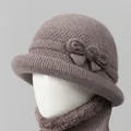 Plum brown winter rabbit fur hat and fleece neck warmer set for elderly women - M / Single Hat / Khaki