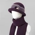 Detail of purple knitted winter hat and scarf set with cozy fleece lining for elderly women - One Size Stretchy / Hats And Scarves / Purple