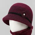 Elderly women's warm winter knit hat and scarf set in deep red with floral accents - Single Hat / Burgundy