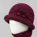Winter wine red knitted cloche hat and scarf set with bow detail for older women - M / Single Hat / Burgundy