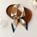 Elegant skinny silk scarf with oriental crane and pine print in khaki and navy blue tones - Multicolor Crane Pine Cloud (H-8)