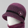 Winter purple knit hat and fleece scarf set for elderly women with plush flower decor - Single Hat / Mauve