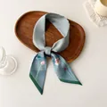 Grey-blue floral skinny scarf with lotus and kingfisher print in elegant silk finish - Gray Blue Lotus Bird (I-9)