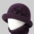 Women's deep purple winter knitted hat and neck warmer set with bow and faux fur lining - M / Single Hat / Purple