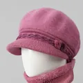 Conjunto de gorro de punto rosa y bufanda de invierno para mujer mayor con peluche - Solo Gorro / Rosa Empolvado