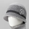 Women's grey winter knit hat and scarf set with plush lining and pearl flower detail - Single Hat / Gray