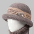 Deep grey winter knit hat for elderly women with brown floral accent and warm fleece lining - One Size Stretchy / Single Hat / Khaki