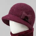 Conjunto de gorro de punto y bufanda burdeos con lentejuelas para mujeres mayores - Rojo Vino (Solo Gorro)