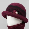 Wine red winter knit hat and neck warmer set with faux pearl brooch for elderly women - One Size Stretchy / Single Hat / Burgundy