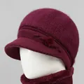 Conjunto de invierno gorro de punto granate y bufanda con forro polar para mujeres mayores - Rojo Vino (Solo Gorro)