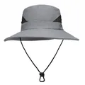 Detail of grey sun hat showing breathable black mesh panels and adjustable chin strap - M(56-58) / Light Gray