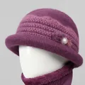 Winter knitted beanie for elderly women in deep purple with pearl and plush decor - One Size Stretchy / Single Hat / Mauve