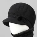 Conjunto de gorro de punto negro y bufanda para mujer con forro de felpa y orejeras - Negro (Solo Gorro)