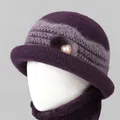 Winter knitted hat and scarf set for elderly women in dark purple with pearl detail - One Size Stretchy / Single Hat / Purple